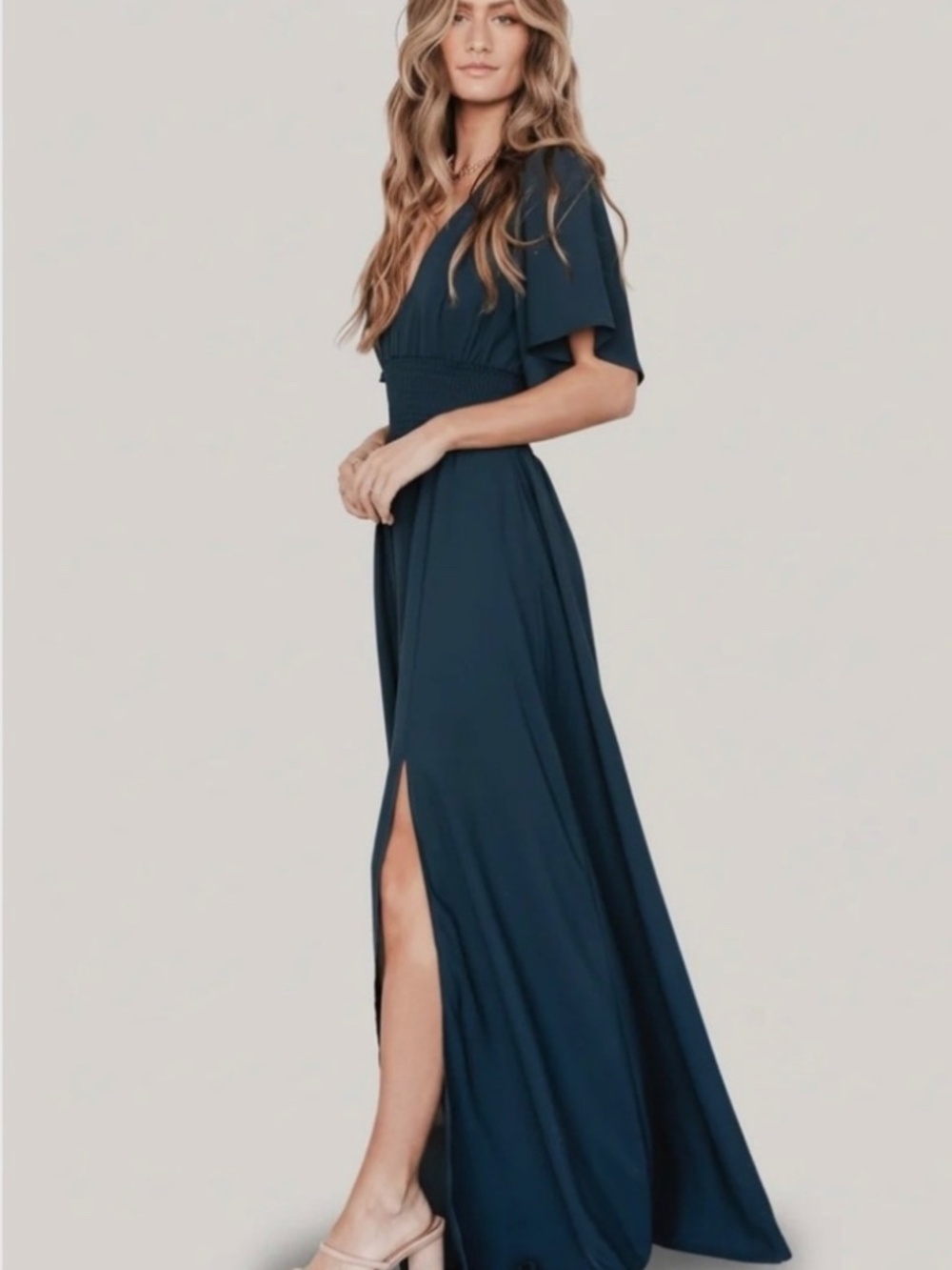 Baltic Born Verona Smocked Maxi Dress S Topaz Teal Chiffon Front Slit Elegant